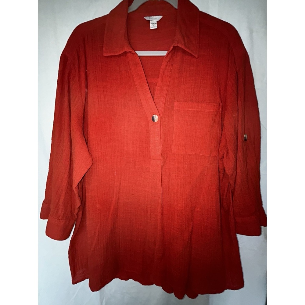 EST 1946 Cotton Gauze Red Women 14-16 Tab Sleeve Tunic Pleated Back Pullover